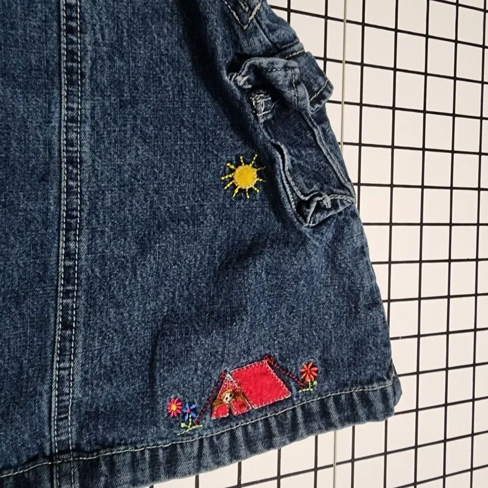Vintage OshKosh Denim Overall Jumper Dress Embroidered Sunshine Tent Girls 24Mon